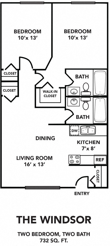 Floor plan for 2 beds, 2 baths, 732 sqft